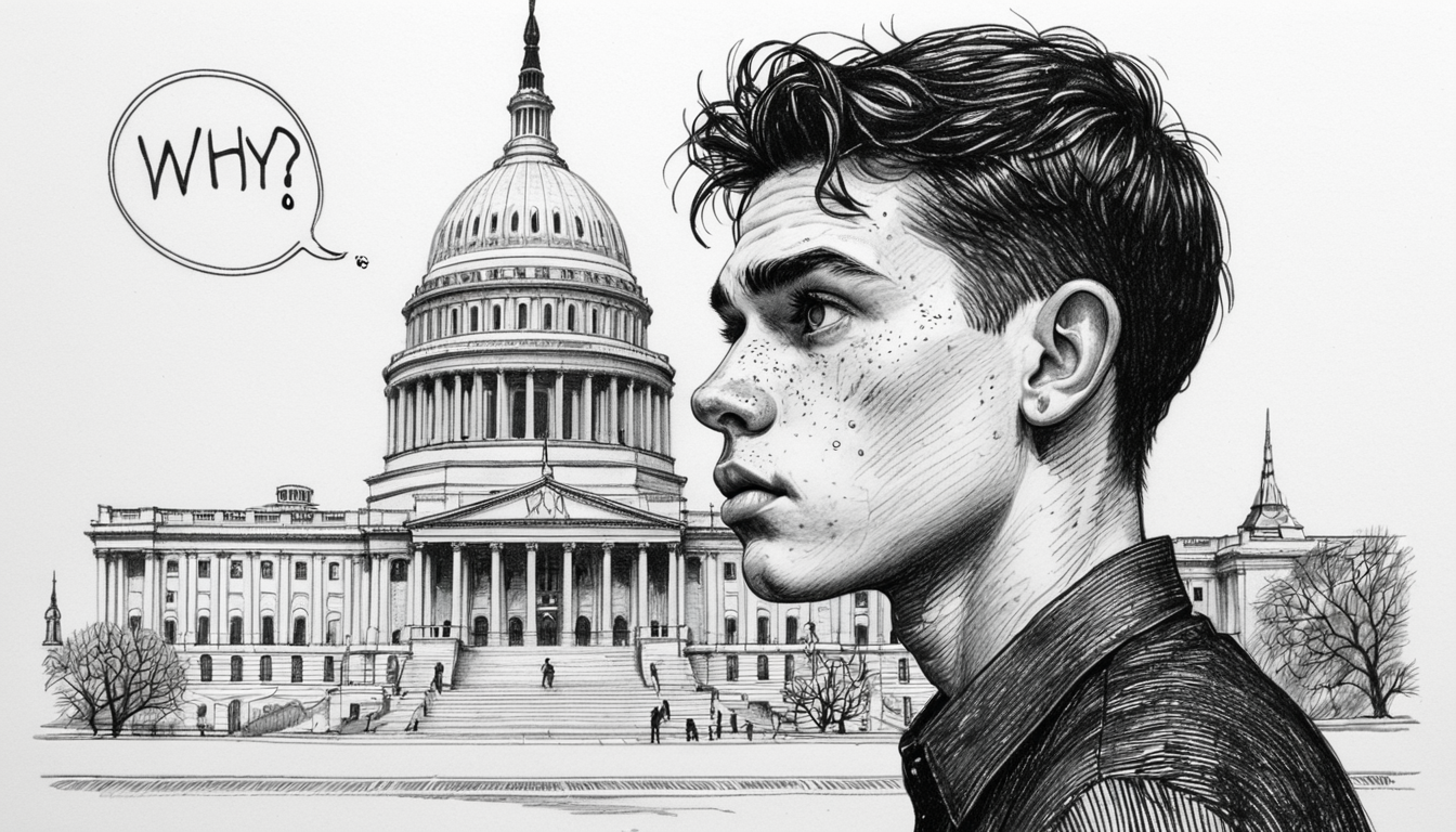 Young man in front of capital, with caption "Why?"