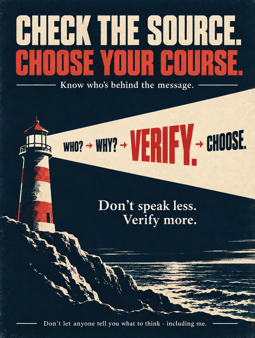 A lighthouse beam over rocky cliffs and the sea, labeled WHO? WHY? VERIFY. CHOOSE. - a poster for the Check the Source, Choose Your Course initiative