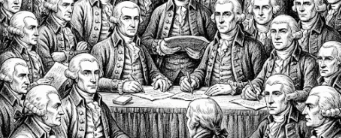 Drawing of a meeting of our Founding Fathers who wrote and approved our Declaration of Independence and Constitution