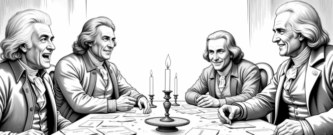 Founding Fathers smiling, talking at a table
